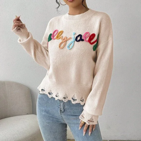 Apricot Casual Women's Round Neck Long Sleeve Letter Patchwork Knit Sweater - Picture 6 of 8